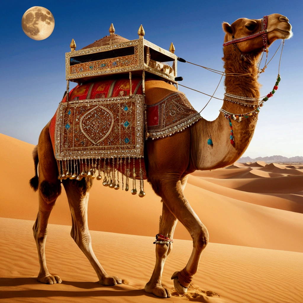 desert moon camel carrying musical instruments