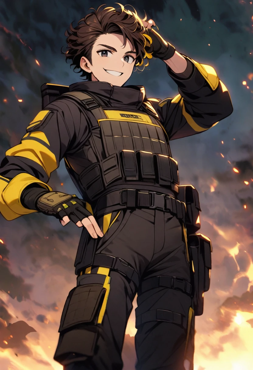 (well done:1) man, short dark brown curly hair, black eyes, black clothing with yellow details, tactical boots, fingerless gloves, yellow tips in his hair.