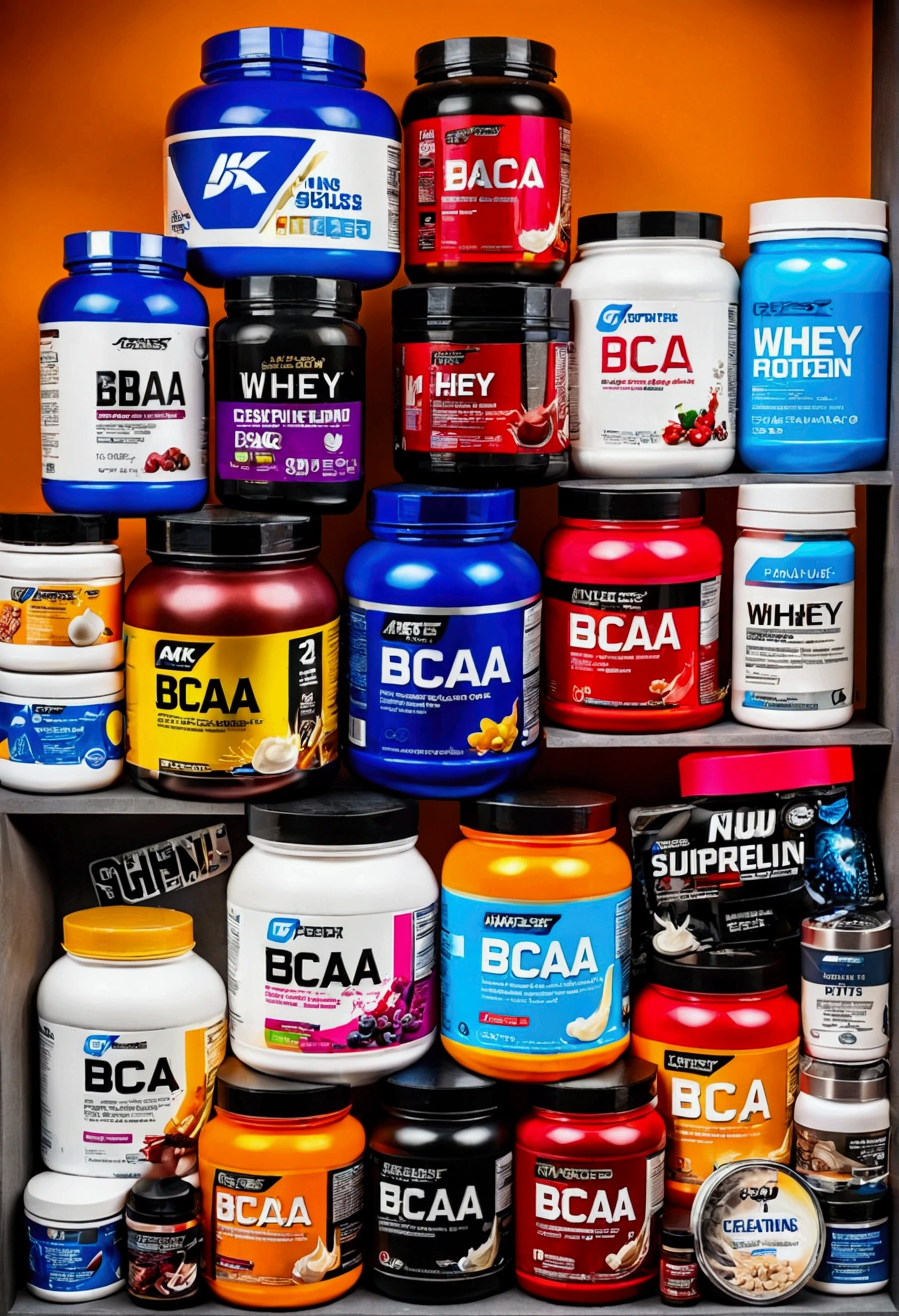 4k image quality,Detailed Description, An image of multiple variety of supplements, how to whey protein powder, creatine and BCAA, creatinas, and other bodybuilding supplements.