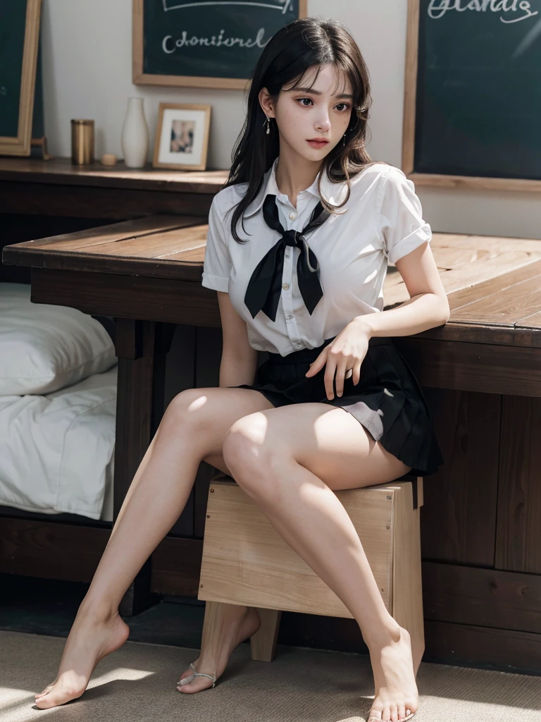 (8K, Raw photo, Best Quality, masutepiece:1.2), high-definition RAW color photography, professional photograpy, cowboyshot, (Realistic, photographrealistic:1.37), ((Best Quality)), 20 year old woman, Cinematic Light, (finerly detailed face:1.2), (masutepiece:1.5), (Best Quality:1.2), (Mole:0.5), (Smiling:0.9), (Looking at Viewer:1.2), hugging own legs, Squatting, Wrinkled white panties, bowtie, (Detailed Maid:1.2)