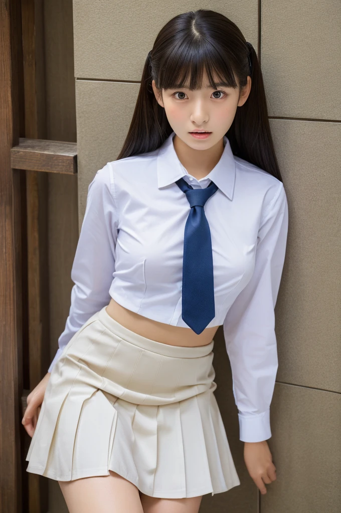 ((highest quality, masterpiece :1.3)), Photorealistic、Ultra-high resolution、Natural skin texture、Hyperrealism、Photograph from the knee up、15 year old Japanese beautiful girl、Twin tail hair、well-shaped breasts、White collared shirt and tie、mini skirt、Frightened expression