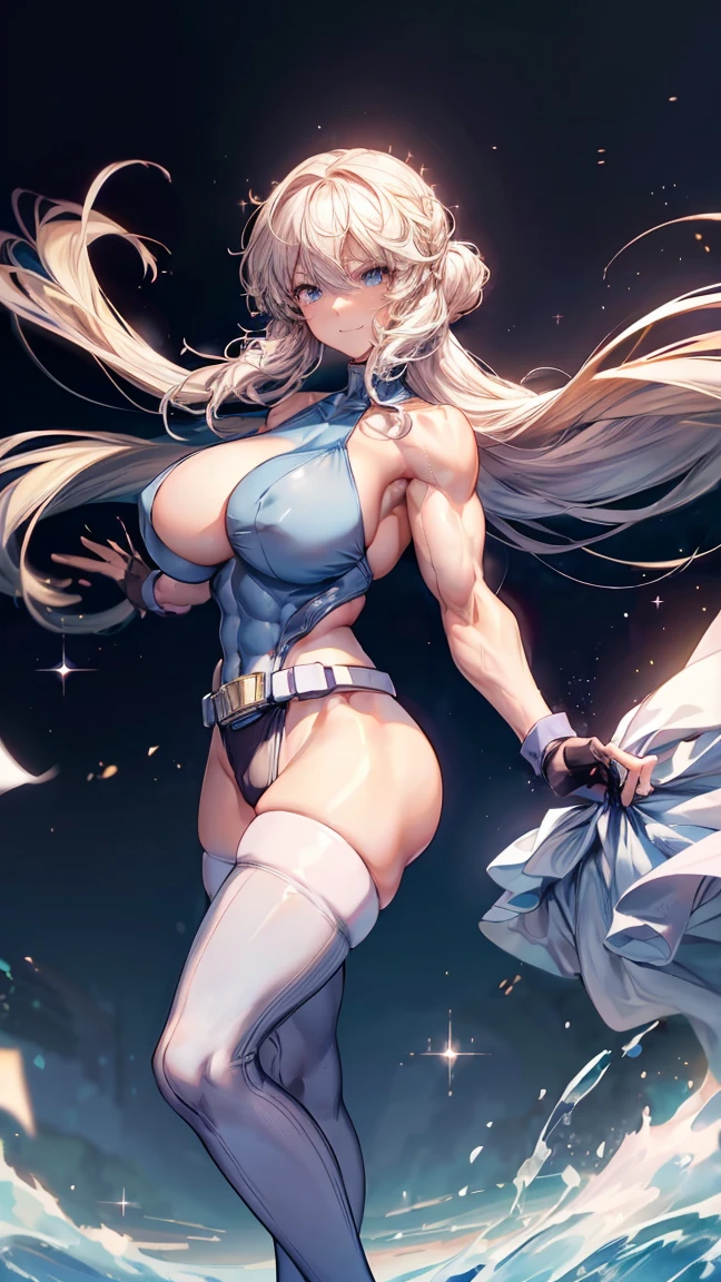 Sensual, Long blonde hair, Thick thighs, 8k, 4K, Highest quality, (High resolution:1.6), Cute anime face, , Noise Reduction, (Sparkling blue eyes, A kind smile:1.3, Kind eyes:1.3)、(Muscles of the whole body:1.5)、Young Face, Anime Eyes、(SFW Huge Body:1.9)、(Beautiful Nose:1.5)、Long tights、Knee-high boots、Beautiful Hands、Beautiful fingers、leotard、Gloves、(Rear View:1.8、お尻に食い込むleotard)、ハイレグleotard、Waist belt、