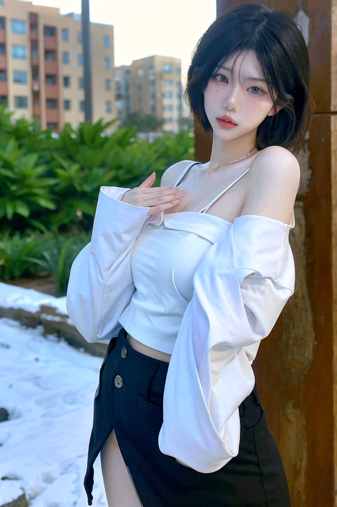 Beautiful woman with perfect figure:1.4,snow,Touching butt with both hands,snow背景,Layered Hairstyle,White skin,Prominent cleavage,Pleated Skirt,whole body,Very delicate face and skin texture,Double eyelids,Skin Whitening,Long white hair