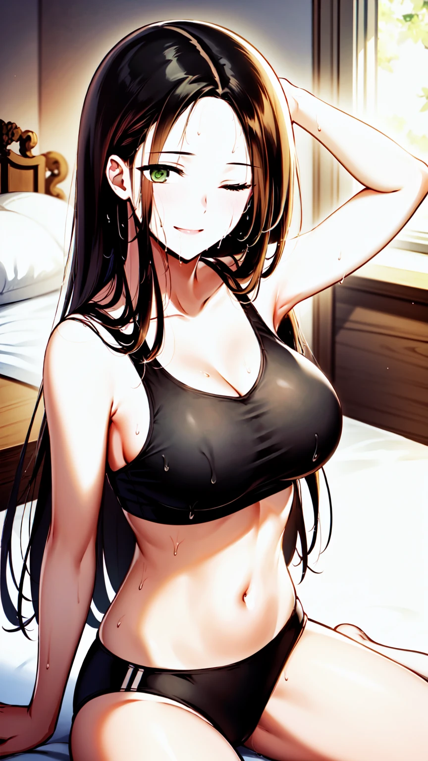 beautiful, masterpiece, best quality, extremely detailed face, perfect lighting, masterpiece, best quality, 1girl, blush, altairdb, very long hair, (green eyes:1.4), (black hair:1.4), buruma, sports bra, sportswears, navel, wet, sweat, ;), smile, one eyes closed, large breasts, arm behind head, sitting, wariza, on bed, looking at viewer