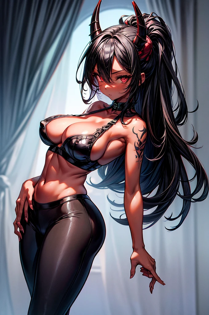 masterpiece, super detailed, high resolution, precision art, highly seductive anime girl. sexy and alluring, flawless dark red demonic skin, succubus, symmetrical face, beautiful olive eyes, flowing black hair, her very presence oozes seduction and allure, S-shaped body, black onyx colored horns jutting out her forehead, heart shaped tail protruding from her back, sexy and arousing slender and thin yet chiseled with enticing breasts, intricate and beautiful heart shaped tattoo engraved on her stomach, wearing spaghetti strap crop-top and form-fitting leggings that accentuate her round ass, hip-level shot