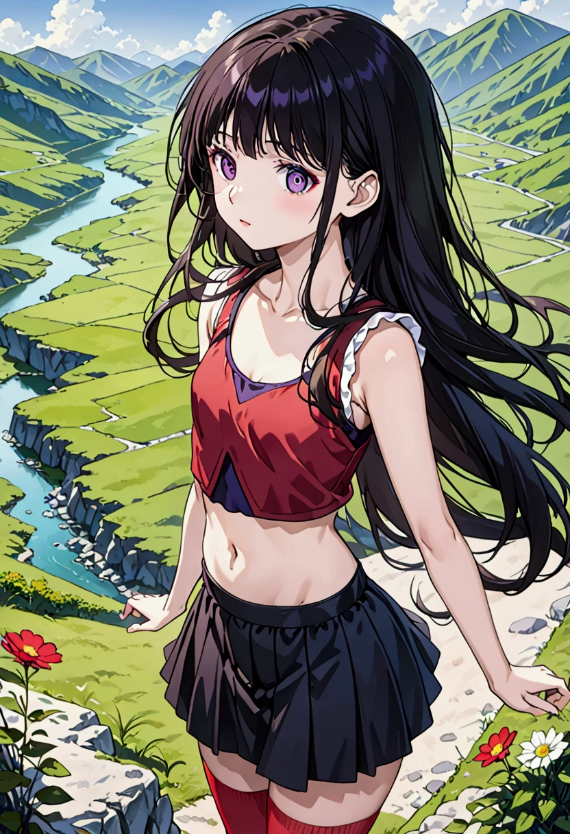 Highest quality, Highest image quality, masterpiece,  girl((13-yearld,r, vebust, small breasts, navel focus, purple eyes, black hair, long hair, slender, highest valley, cute makeup, Black short skirt, Red spats, fluttering hair, Black navel tank top)), high quality, beautiful art, muste piece, Depth of written boundary, movie, visual art, perfect art, path, official art,