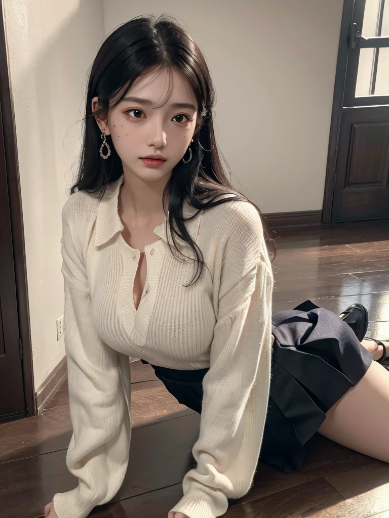 absurdres, RAW photo, extremely delicate and beautiful, masterpiece, Best Quality, ultra high resolution, 32k, hyperrealistic, ultra-detailed, perfect figure, in her 20s, delicate facial features, tearful mole, earring, , ((full body shot)), medium hair, black hair, school_uniform, short skirt,