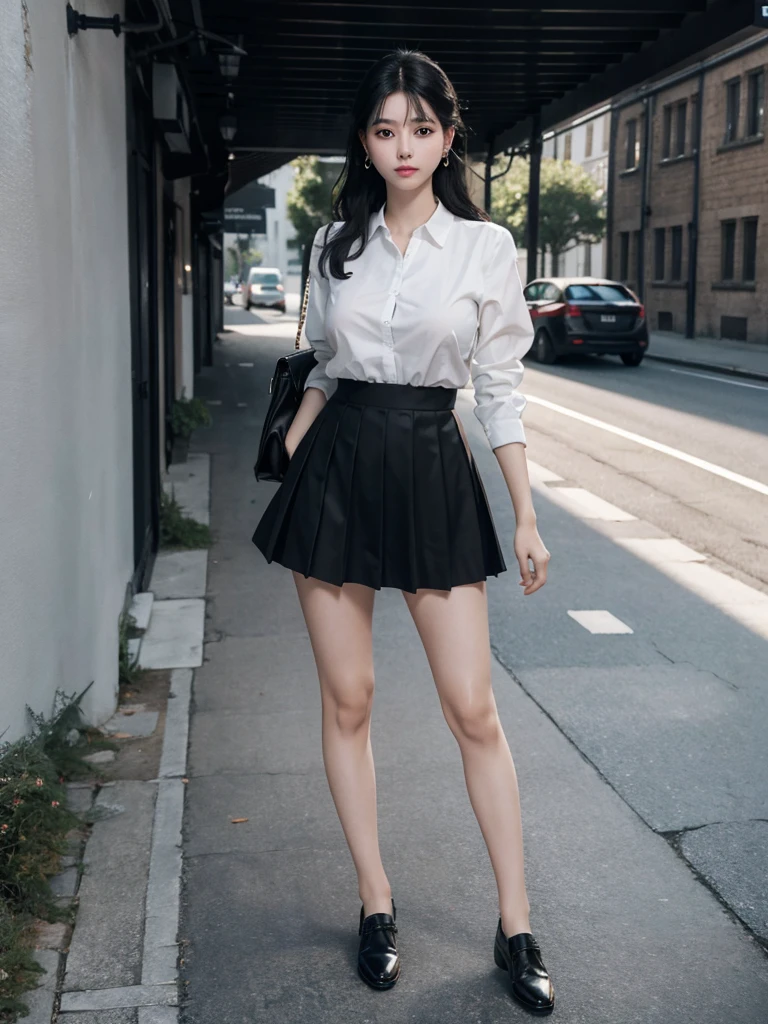 absurdres, RAW photo, extremely delicate and beautiful, masterpiece, Best Quality, ultra high resolution, 32k, hyperrealistic, ultra-detailed, perfect figure, in her 20s, delicate facial features, tearful mole, earring, big breasts, ((full body shot)), medium hair, black hair, school_uniform, short skirt,