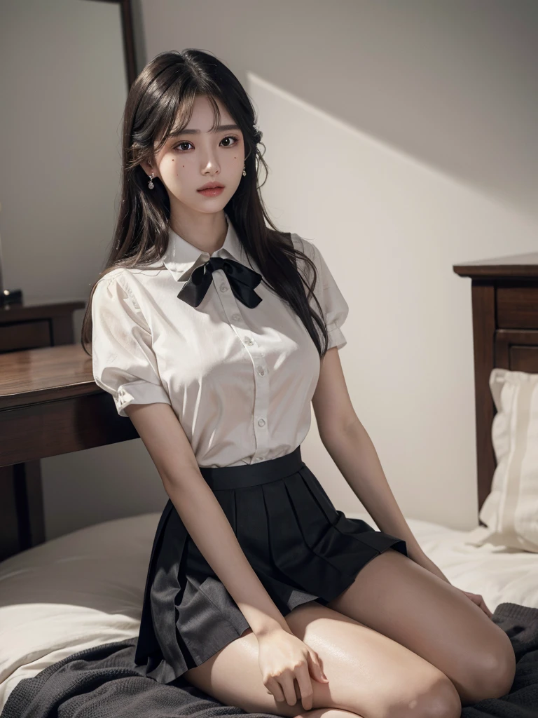 absurdres, RAW photo, extremely delicate and beautiful, masterpiece, Best Quality, ultra high resolution, 32k, hyperrealistic, ultra-detailed, perfect figure, in her 20s, delicate facial features, tearful mole, earring, big breasts, ((full body shot)), medium hair, black hair, school_uniform, short skirt,