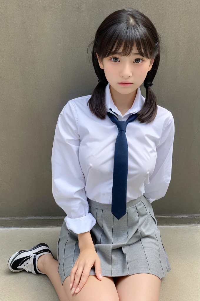 ((highest quality, masterpiece :1.3)), Photorealistic、Ultra-high resolution、Natural skin texture、Hyperrealism、Photograph from the knee up、15 year old Japanese beautiful girl、Twin tail hair、well-shaped breasts、White collared shirt and tie、mini skirt、Frightened expression