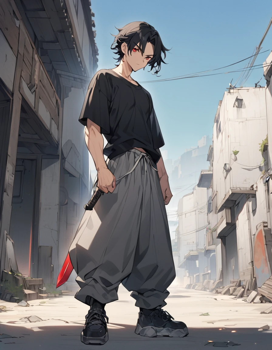 A anime man, black short hair, mullet haircut split in the middle, red eye, wearing a gray baggy pants, black Tight T-shirt , wearing a black shoe. standing, full body, adult, slightly muscular body, blank scenery, holding a great sword