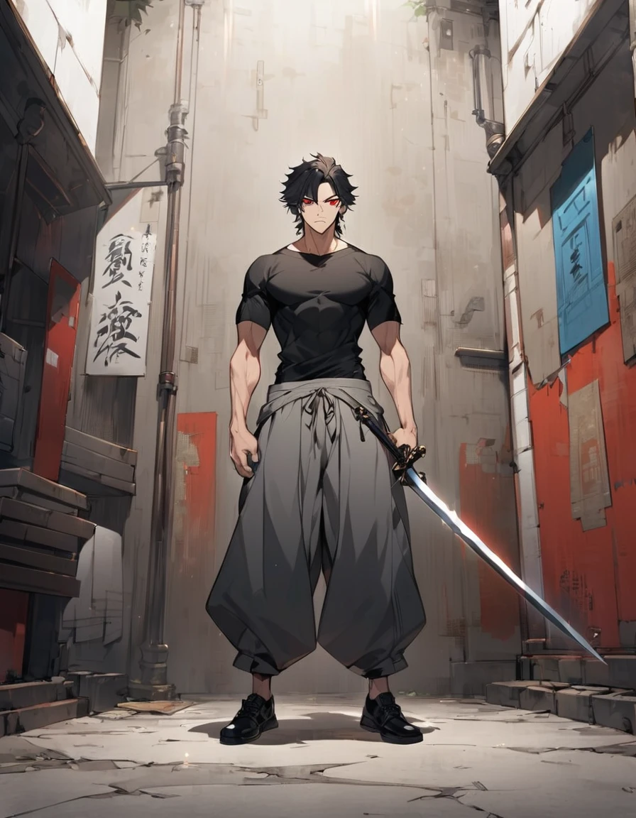 A anime man, black short hair, mullet haircut split in the middle, red eye, wearing a gray baggy pants, black Tight T-shirt , wearing a black shoe. standing, full body, adult, slightly muscular body, blank scenery, holding a great sword