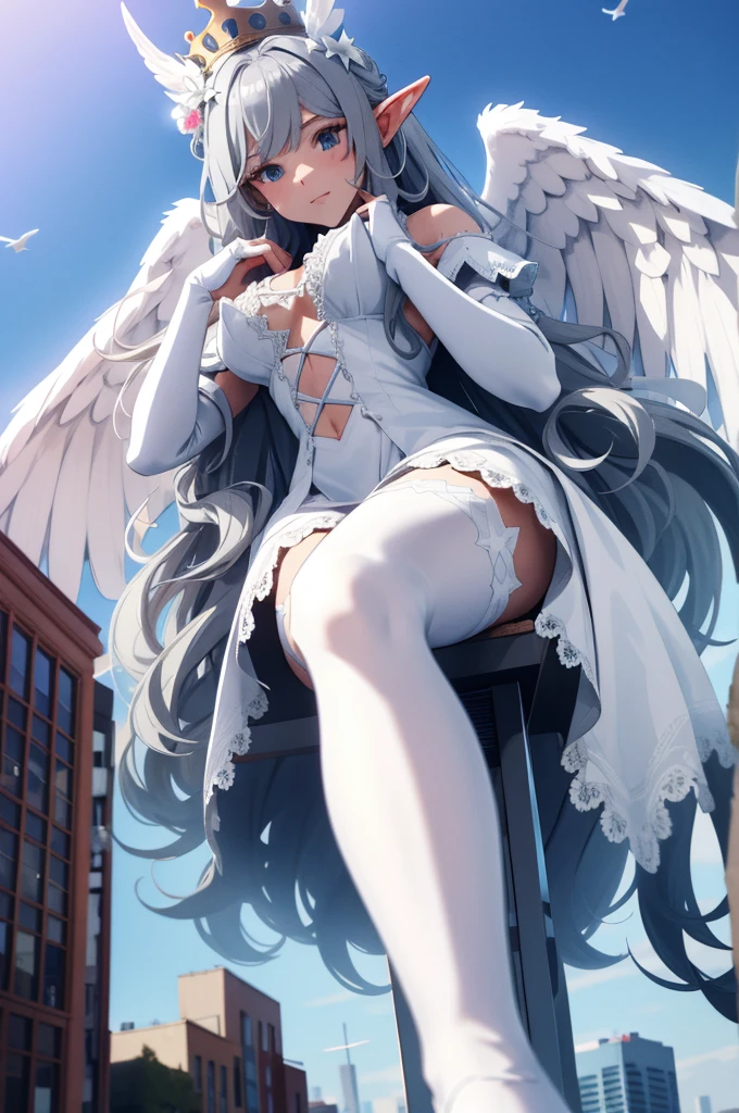 giant girl 50,000 feet high，Weight 1000kg，Has a pair of huge white angel wings，With huge devil horns on his head，crown on head，Elf wearing white earrings，She has long white hair that reaches her feet，loose hair，White wavy long curly hair，Wearing a pair of white boots，White lace gloves，White lace pantyhose，Pantyhose with bow and star decorations，White lace whole body，Standing upright on a small city，Beautiful appearance，Exquisite makeup，quality，8k，High quality，Perfect proportion, Cinema lighting，film grain，Fuji colors，8k，textured skin，Super details，high detail，high resolution，fake smile ，whole body，alethlic ，feather，flowers，Sitting elegantly on a tall building，Touching face with hands,evil,villanous,high jerls