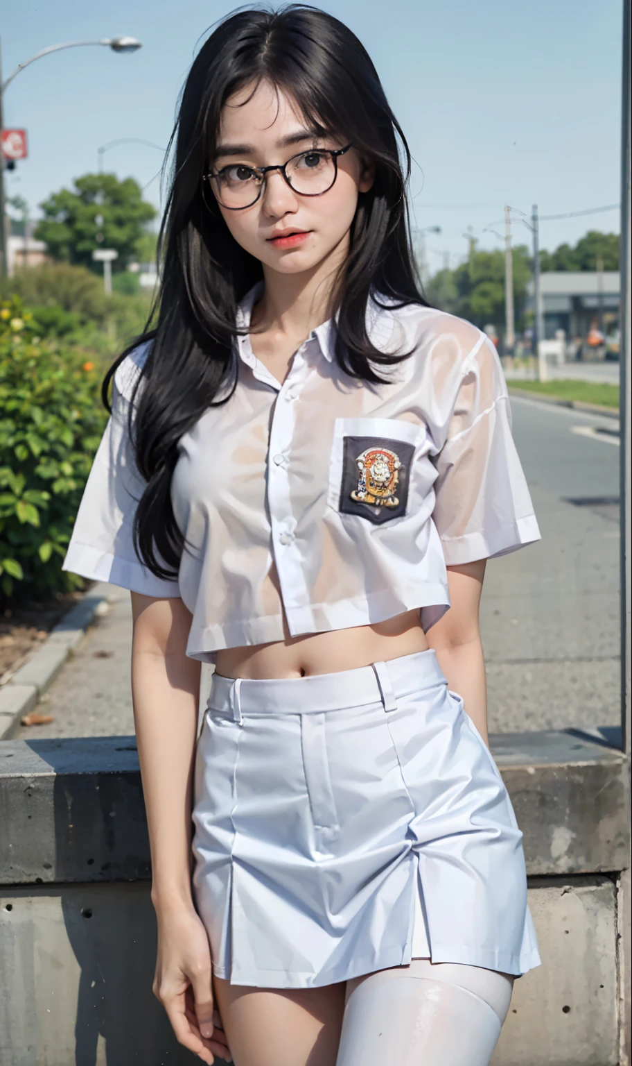 18 years old girl, (((at park))), (transparent white shirt), (wet shirt), (short skirt), (grey skirt), RAW photo, (photorealistic:1.37, realistic), highly detailed CG unified 8K wallpapers, 1girl, ((slender body:1)), (small breasts:1.3), looking at viewer, ((straight from front)), (HQ skin:1.2), (clean skin:1.2), 8k uhd, dslr, soft lighting, high quality, film grain, Fujifilm XT3, (full body:0.8) , tokyolagii , (bold glasses), full body in, perfect body, two legs, long legs, naval, (wide waist:1.2), (big tigh:1.3), crop top