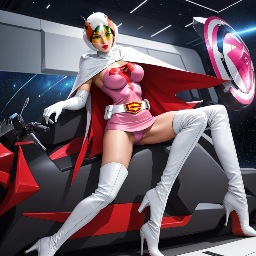 ANI_CLASSIC_jun_gatchaman_ownwaifu,1girl, yo,good anatomy, masterpiece, best quality,realistic, hyperrealistic, 16k hdr, long hair,breasts,green eyes,lips,large breasts,lipstick,makeup,gloves,cape,helmet,belt,elbow gloves,white gloves,mask,ultra miniskirt,leotard,spacesuit,white tight overknee highheels boots,pink dress,superhero,bodysuit,cleavage,erected nipples,(sexy pose,front view),(spread legs:1.1),cameltoe