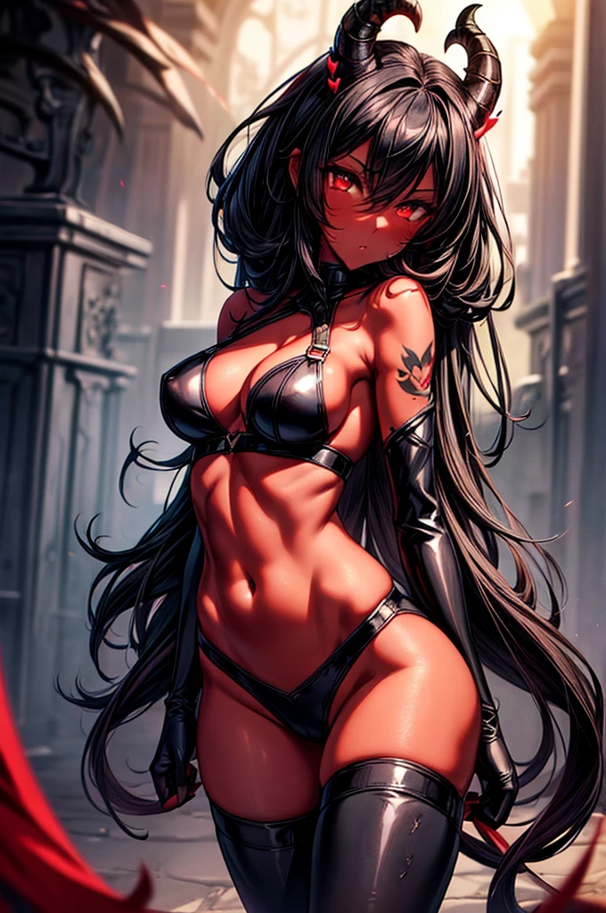 masterpiece, super detailed, high resolution, precision art, highly seductive anime girl. sexy and alluring, flawless dark red demonic skin, succubus, symmetrical face, beautiful olive eyes, flowing black hair, her very presence oozes seduction and allure, S-shaped body, black onyx colored horns jutting out her forehead, heart shaped tail protruding from her back, sexy and arousing slender and thin yet chiseled with enticing breasts, intricate and beautiful heart shaped tattoo engraved on her stomach, wearing spaghetti strap crop-top and form-fitting leggings that accentuate her round ass, hip-level shot