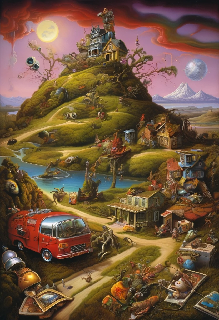 Art combination of Todd Schorr and Baros remedies, strange world of many trinkets and trinkets Style Esao Andrews and Adam Varga, absurd landscape of amazing Punkcalypse, sad effect