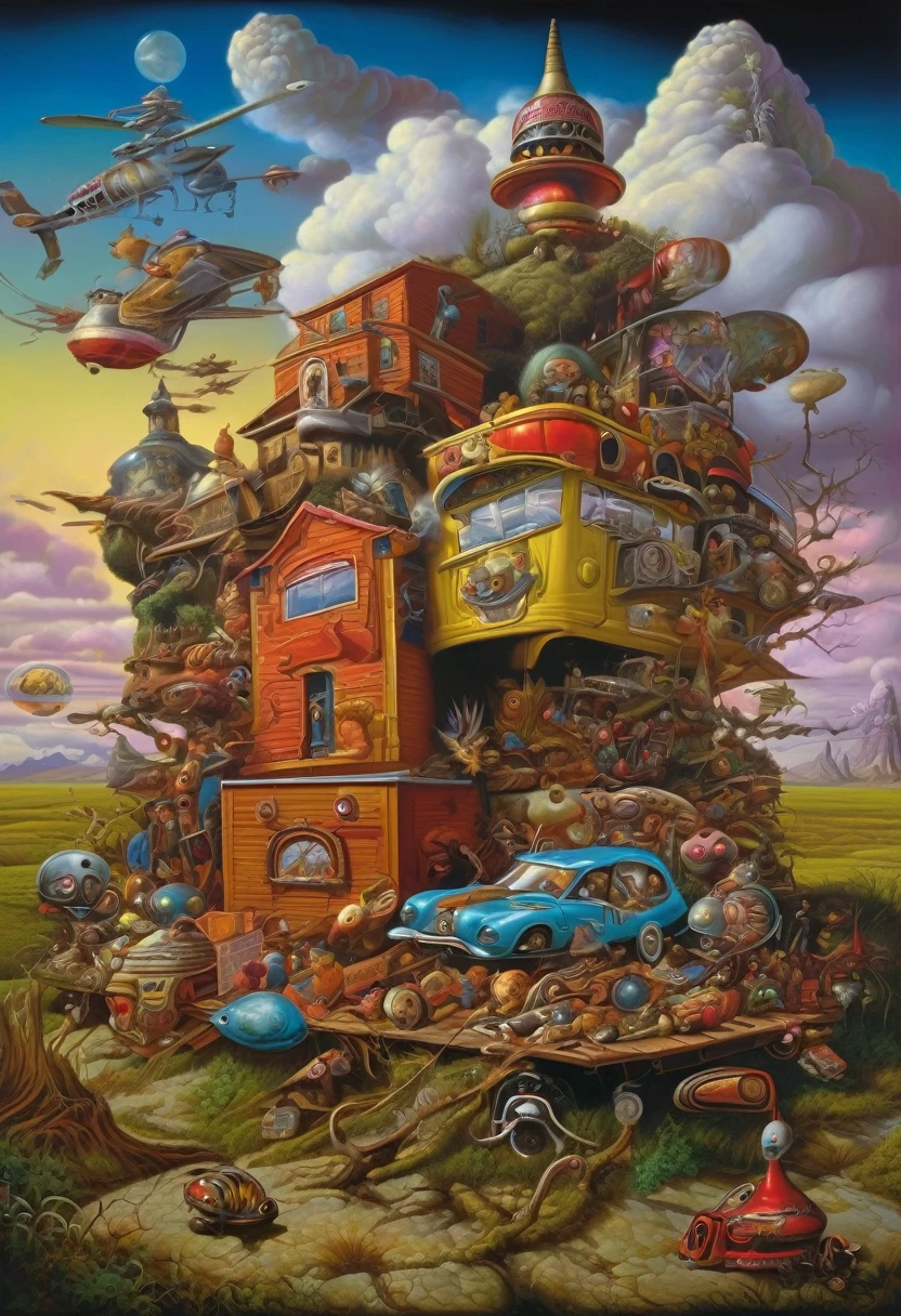 Art combination of Todd Schorr and Baros remedies, strange world of many trinkets and trinkets Style Esao Andrews and Adam Varga, absurd landscape of amazing Punkcalypse, sad effect