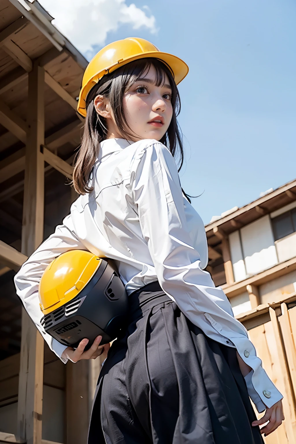 Masterpiece, bokeh, Beautiful face, (Japanese idle:1.6), (summer school uniform:1.3), (Looking back in Building construction site:1.3), (Yellow helmet:1.3), (From below:1.5),