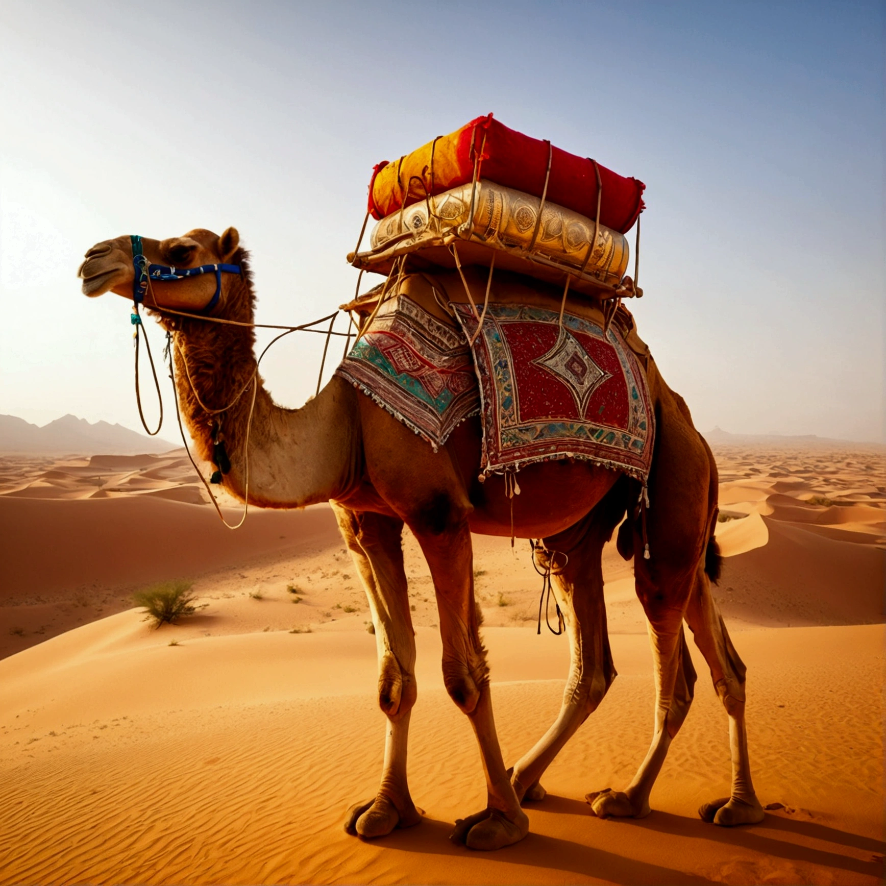 desert　oasis　camel　carrying musical instruments　Darabukka
