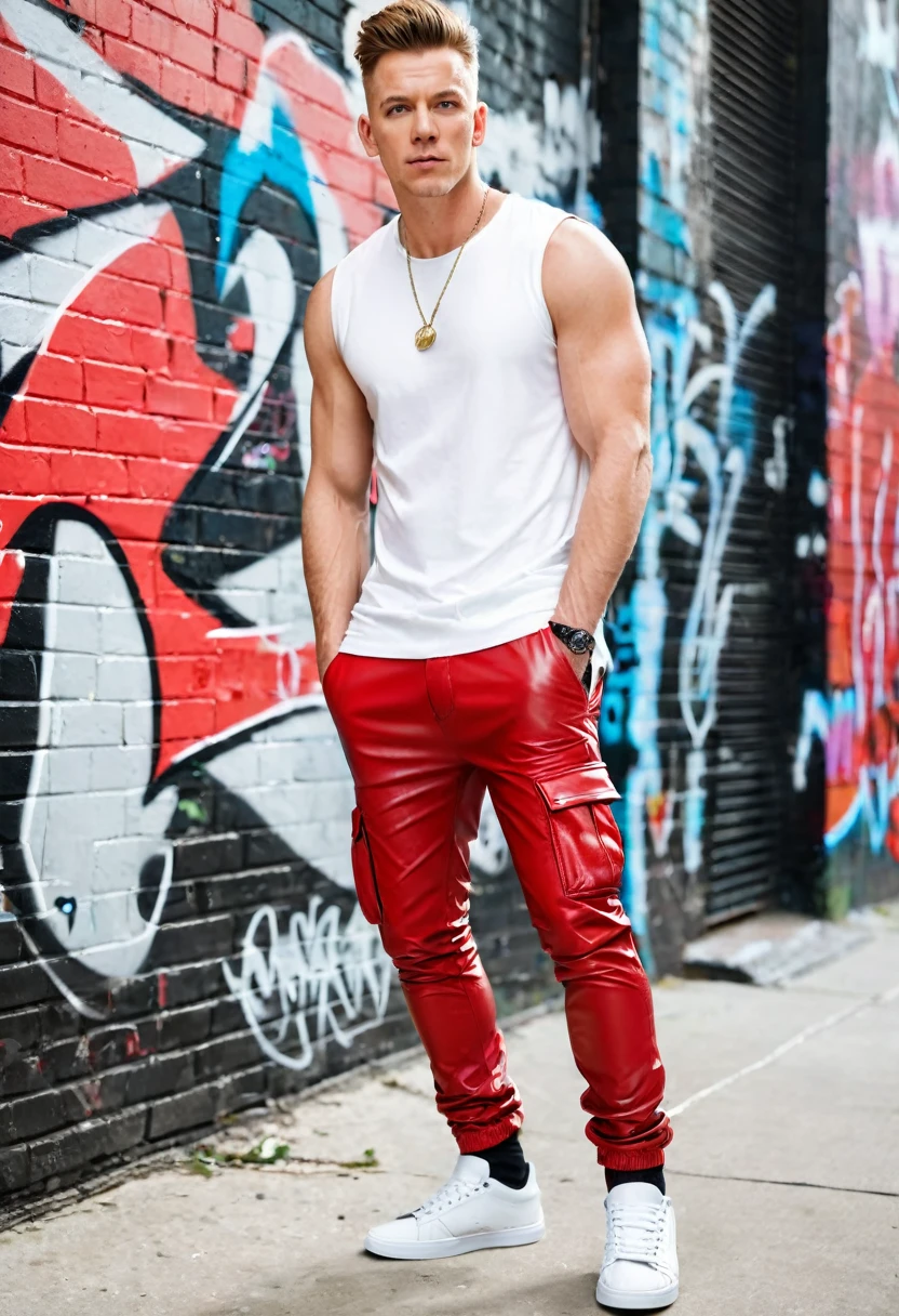 A white man wearing tight-fitting red leather cargo pants with white pockets, a white sleeveless urban street T-shirt, white sneakers, against a graffiti background, fashion editorial, dynamic pose, Gotham City, Arkham, Wayne Manor