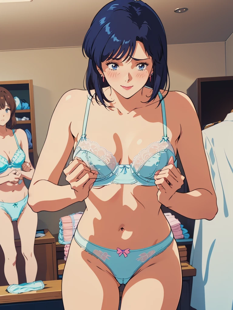 masterpiece, top quality, ultra detailed, (((((NOGAMI_SAEKO), (SUMERAGI_AIKA), best anatomy, in underwear, (panties, elaborately designed luxury panties for adults, panties high definition images, draw panties with super precision), lace trimmed bra, extremely detailed texture, earrings, red lip, embarrassed, blush, smile)))), cowboy shot, (((underwear in dressing room))), white skin, (presenting panties), (display panties:1.5),holding panties with both hands
