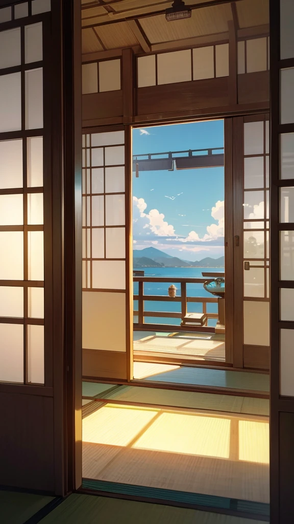 Create an image of a tranquil scene viewed from a traditional Japanese room. The perspective is from inside looking out through open sliding doors to a bright blue sea under a clear sky with scattered clouds. Include details such as tatami mats, shoji doors, and a person sitting in seiza position gazing out at the serene landscape.