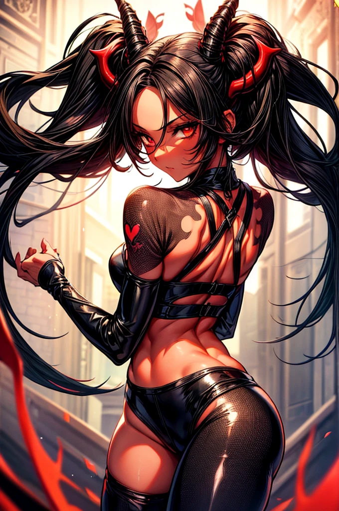 masterpiece, super detailed, high resolution, precision art, highly seductive anime girl. sexy and alluring, flawless dark red demonic skin, succubus, symmetrical face, beautiful olive eyes, flowing black hair, her very presence oozes seduction and allure, S-shaped body, black onyx colored horns jutting out her forehead, heart shaped tail protruding from her back, sexy and arousing slender and thin yet chiseled with enticing breasts, intricate and beautiful heart shaped tattoo engraved on her stomach, wearing spaghetti strap crop-top and form-fitting leggings that accentuate her round ass, hip-level shot