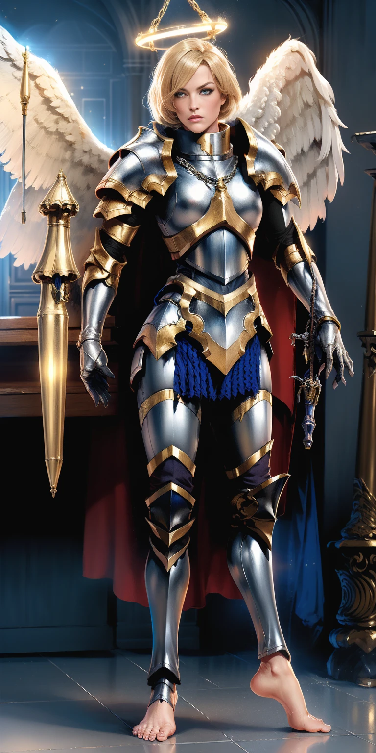 low angle from below full body toe to head inside the frame, paladin templar lady in white tabard, legwear, glowing yellow eyes, collar, golden chainmail, wide hips, barefoot together, angel wings, pauldrons, halo, silver platinum bob cut, blonde, eye focus, red cape, temple indoors, detailed, cinematic, fantasy