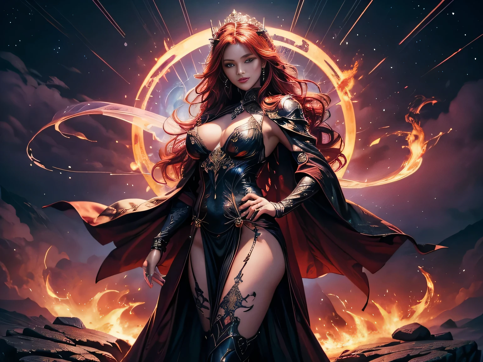 (best quality,4k,8k,highres,masterpiece:1.2), ultra-detailed, You are in the center between two forestire and ice. The surrounding area breathtaking in its beauty: bright red trees with flames that echo the icy pines decorated with student patterns. The air filled with the smells of hot fire and fresh ice, and you feel powerful energies permeate your body. Under your feet you feel the yielding earth, which seems alive and breathing. You are a fearless warrior and a princess with magical powers. Your (skin deadly pale), your eyes are red-blue, like a sunset sky. You look very powerful and confident, and your black lace armor emphasizes your independence and strength. Unlike your usual booking, this one a quirk of deep magic. The substance consisting of translucent fabrics fits your body, leaving all the important places open, while, as if thanks to the magic of executions, your breasts are in perfect condition, do not hang and do not stretch. Reflect the subtlety of the outfits of your character, you are not afraid to show your gifts, because you have great magic in trust, giving you invulnerability and victory over enemies. ((best quality,4k,8k,highres,masterpiece:1.2),ultra-detailed, madness, magic, beautiful magic, 1girl, flame mage, (ice and flame), (very beautiful fantasy background), (crazy sexy fantasy transparent ice-flame dress), portraits, vivid colors, intense lighting, brush strokes, ethereal atmosphere, spellbinding, enchanting scenery, mesmerizing expressions, whimsical, mystical, intricate details, dynamic poses, captivating moments, enchanting eyes, flowing robes, long curly redhair crystalline ice, mythical creatures, surreal landscapes, otherworldly, magical elements, (vagina see thru panties), (erect nipples see thru clotheewitching beauty, ethereal glow, transcendent, harmonic color palette. (Obscene lines), ((glow crotch tattoo)), inmon, womb tattoo, succub tattoo