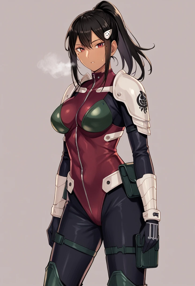 score_9, score_8_up, score_7_up, source_anime BREAK,Mina Ashiro,BLACK HAIR, PONYTAIL, LONG HAIR, HAIR ORNAMENT, MOLE UNDER EYE, MOLE, RED EYES BODYSUIT, ARMOR,BOOTS,1female,large breasts,tanlines,dark-skinned female,(steam,Sweat),