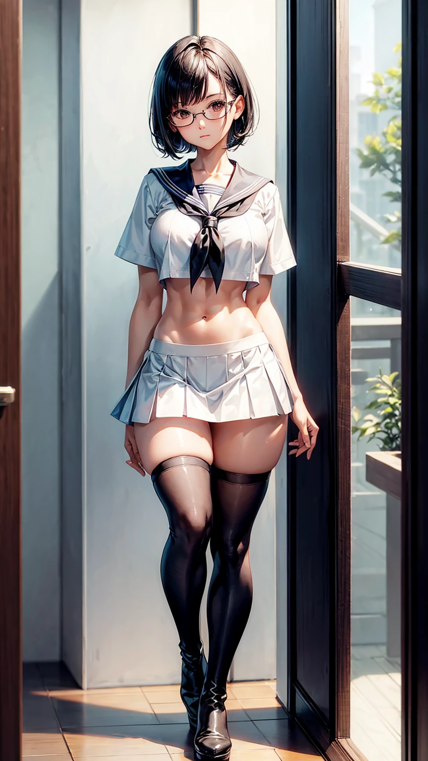 (Beautiful Face),1 female,Short-sleeved sailor suit,Low-rise skirt,Very short skirt,Black Hair,middle hair,Glasses,Very small waist,Very thin body,very Large Breasts,skinny stomach,Muscular thighs,Muscular thighs,Thigh-high stockings,Platform boots,10 years old,