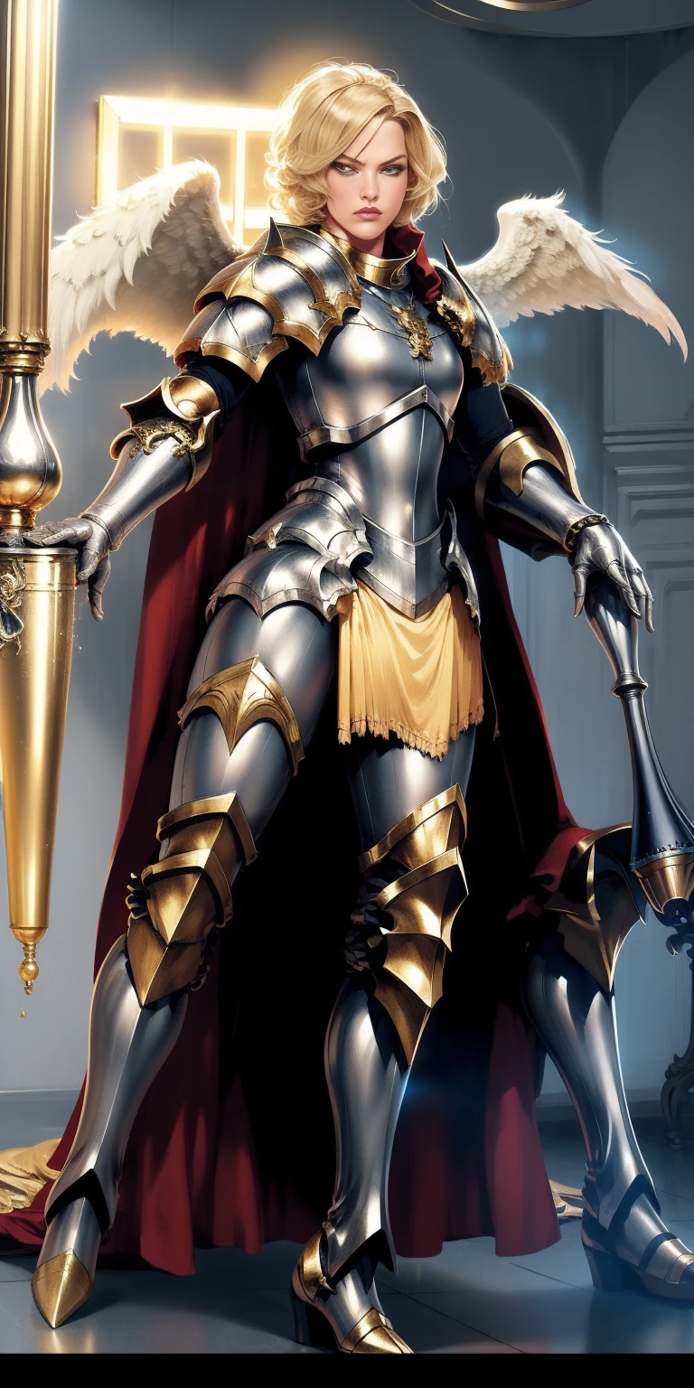 low angle from below full body toe to head inside the frame, paladin templar lady, legwear, glowing yellow eyes, collar, golden chainmail, wide hips, barefoot together, angel wings, pauldrons, halo, silver platinum bob cut, blonde, eye focus, red cape, temple indoors, detailed, cinematic, fantasy