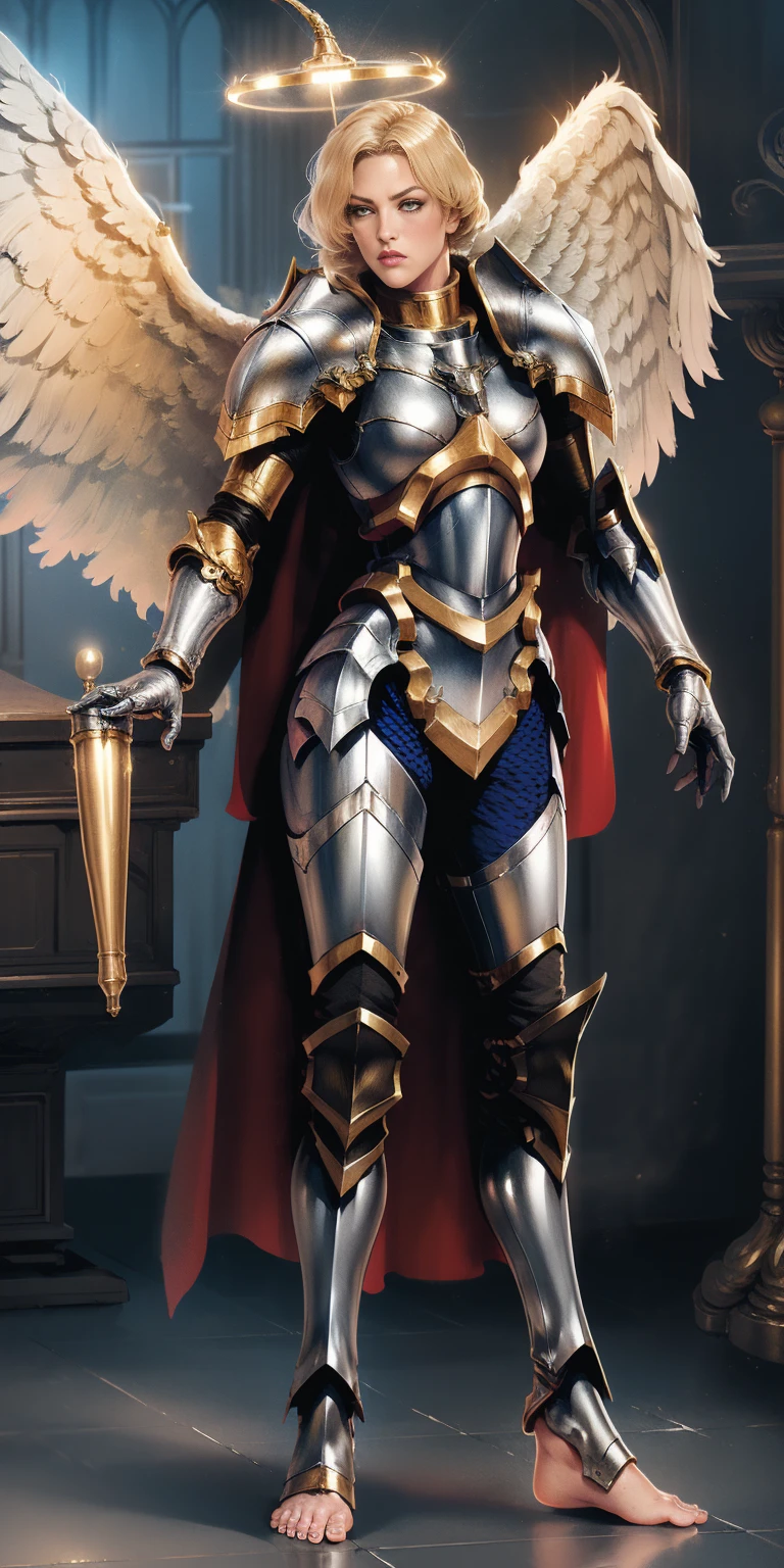 low angle from below full body toe to head inside the frame, paladin templar lady, legwear, glowing yellow eyes, collar, golden chainmail, wide hips, barefoot together, angel wings, pauldrons, halo, silver platinum bob cut, blonde, eye focus, red cape, temple indoors, detailed, cinematic, fantasy