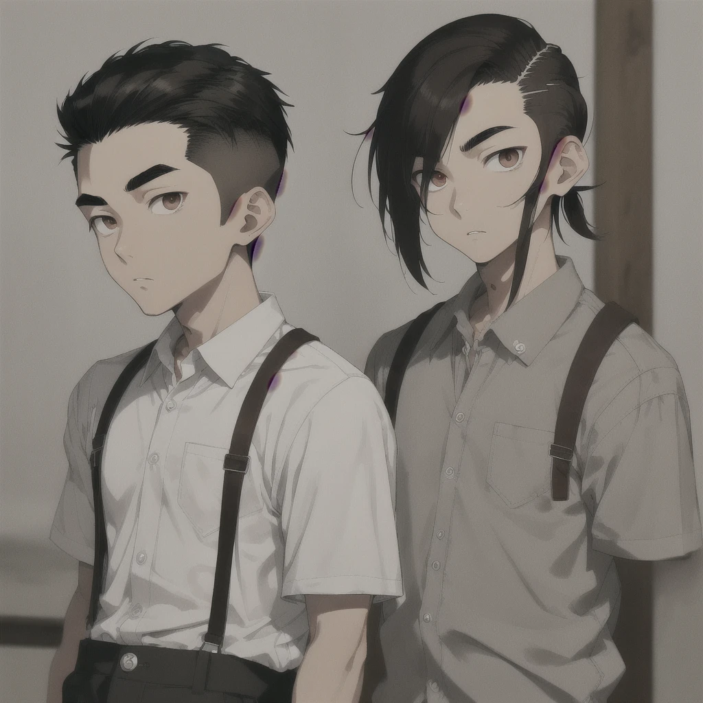 Asian teen, fohawk with faded sides , brown lazy eyes, sharp eyebrow, thin nose, good looking ,brown hair, pale skin, fitted white school shirt, light grey school pants, black clarks, cool guy 