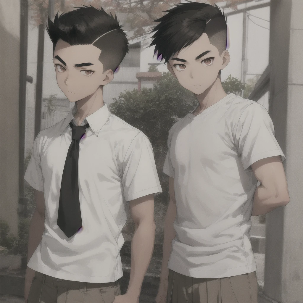 Asian teen, fohawk with faded sides , brown lazy eyes, sharp eyebrow, thin nose, good looking ,brown hair, pale skin, fitted white school shirt, light grey school pants, black clarks, cool guy