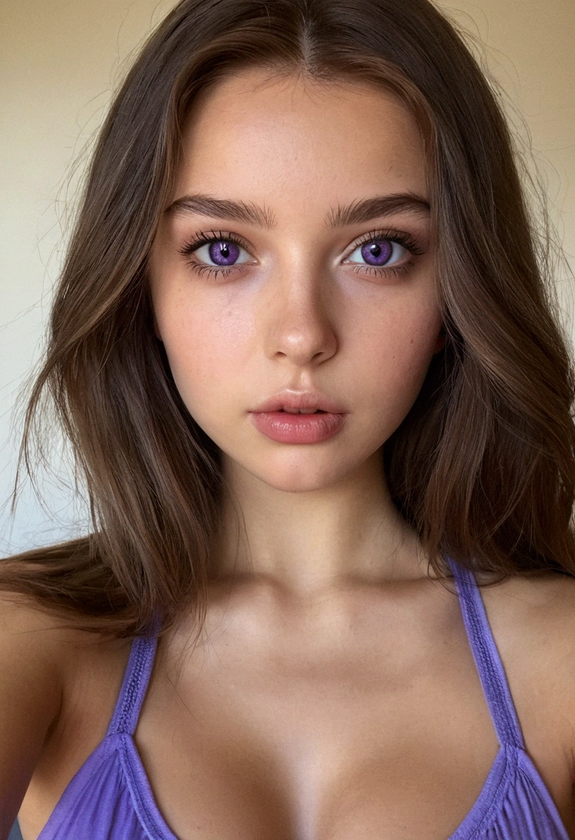 Arafed woman completely , fille sexy aux yeux bruns, ultra realist, Meticulously detailed, Portrait Sophie Mudd, cheveux bruns et grands yeux, selfie of a young woman, Yeux de chambre, Violet Myers, sans maquillage, maquillage naturel, looking straight at camera, Visage avec Artgram, Maquillage subtil, Great photo of the whole body kneeling on the bed, dans la chambre, Medium to large bust