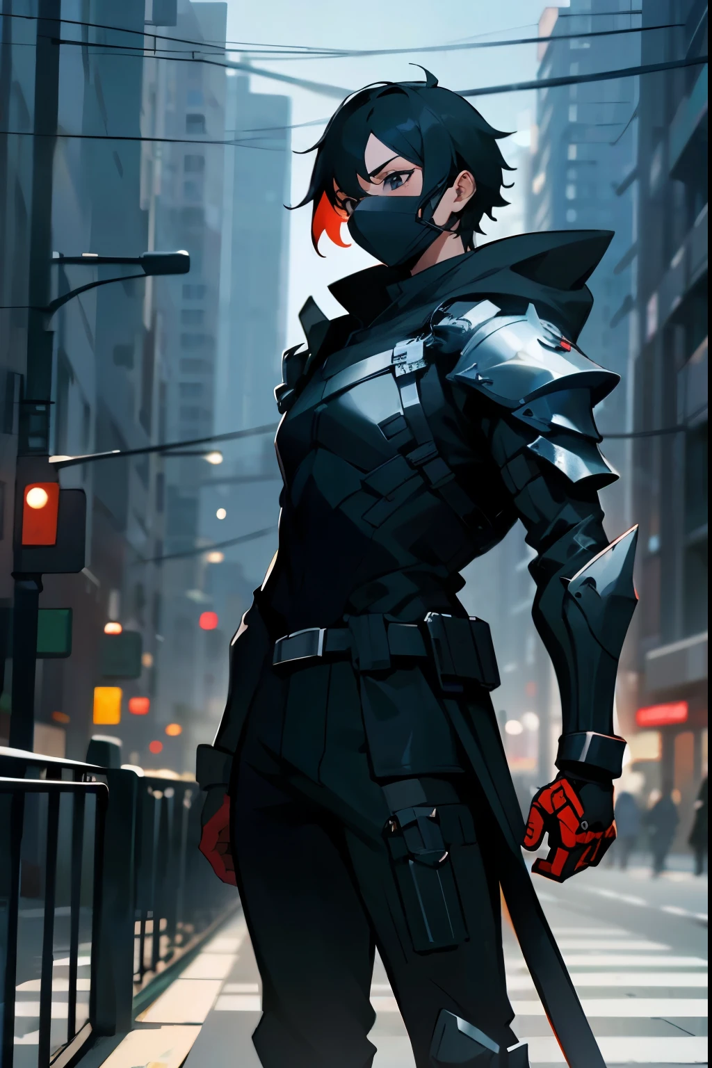 1male , Black Hair , Black Eyes , Black Bodysuit , Armored Clothing , Face Mask , Perfect Generation , Standing on Sidewalk , Modern City Background , Young Male , Black Hood , Red Accents on the clothing