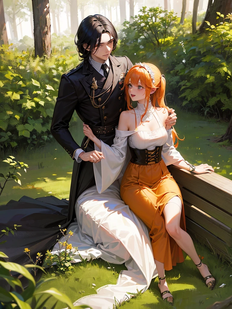 They are a romantic couple in the woods, the woman is ledy Brittany Bracken features she is 17, has white skin, orange eyes, honey-colored hair, wears a sexy orange and yellow dress, is a flirtatious and rebellious girl. And the second character is a man is Lord Benjicot Blackwood characteristics 19 years old, he is a white man, with wavy black hair, muscular, masculine, locked, chivalrous and is wearing a lord's aufit with the colors black and red, with details of raven feathers, carries a sword, the two characters are from two families that hate each other, for generations but these young lovers, in the style of Romeo and Juliet, Forbidden romance, relationship in the woods, hidden, near a river, hugging, the man is very protective of the lady. (Please recreate Sexual romance,+18, fantasy medieval) Young couple, lovers, doing 69, explicit and in hd, 4k.