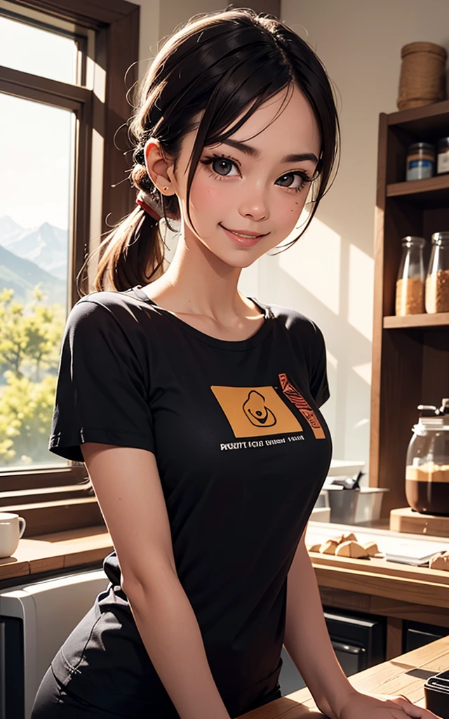 (best quality), perfect image, masterpiece,barista, yoga pants, brown hair, black tshirt with made up company logo across the chest, working at a locally owned coffee shop, working behind the counter with your cute coworker, ponytail, large window in background, medium sized breasts, a beautiful mountain range is visable through the window, a slightly annoyed and sarcastic smile sits on her face from you bothering her all day