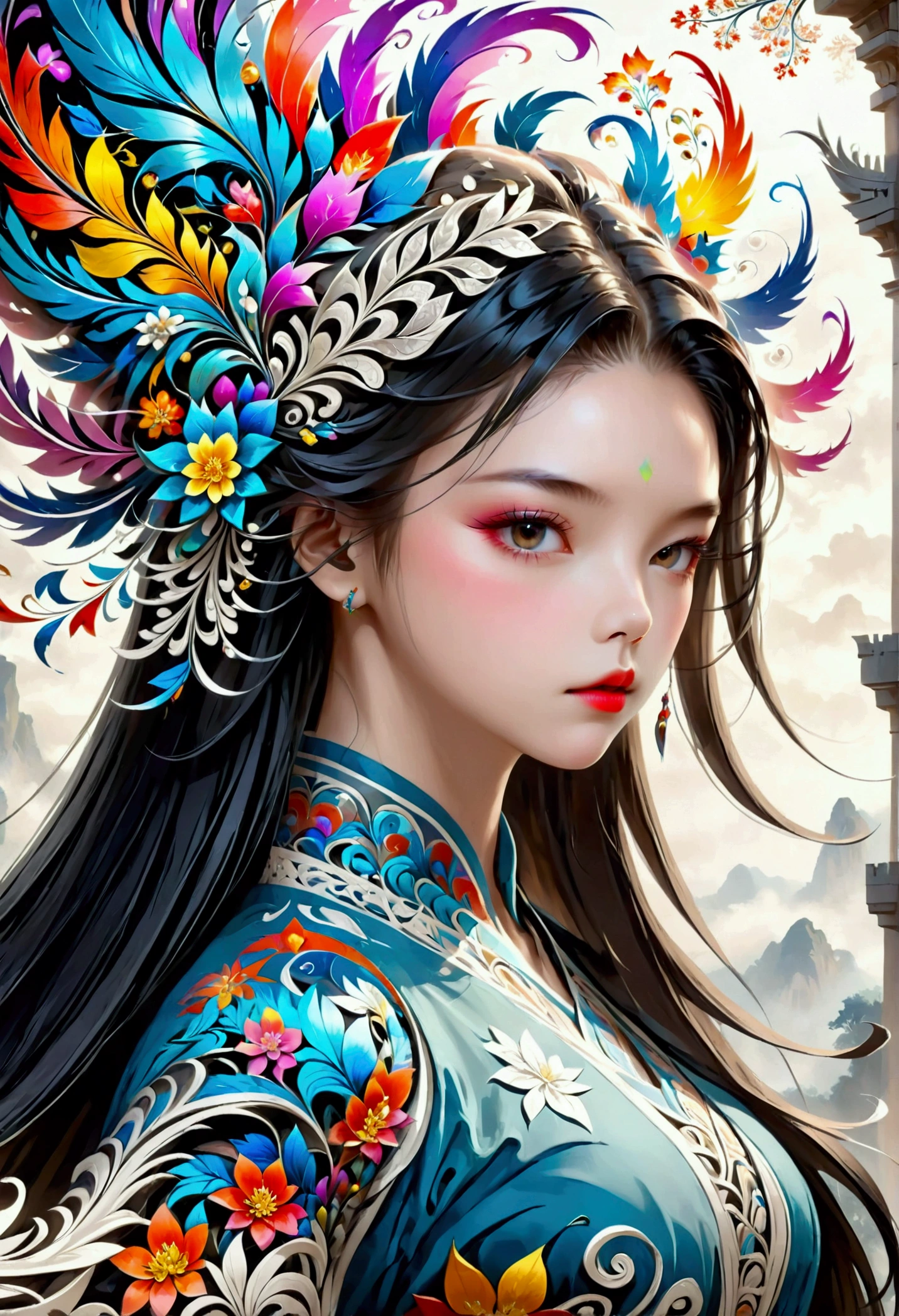 offcial art, unity wallpaper 8k, ultra detaild, beautiful and aesthetic, work of art, best qualityer, (zentangle, mandala, tangle, entangle), (Fractal Art:1.3) , Anya taylor joy, extremely detaild, dynamic angle, tiro de cowboy, most beautiful form of chaos, chic, bright coloured, Romanticism, atmospheric, ecstasy