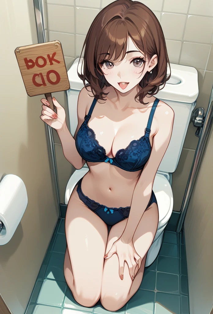 masterpiece, best quality, mature woman, Fukada Eimi, Eimi Fukada, brunette hair, sharp eyes, curvy body, bathroom, kneeling, bra, panties, besides urinal, above view, front view, tongue out, (holding sign, toilet sign, male toilet), hand on thigh