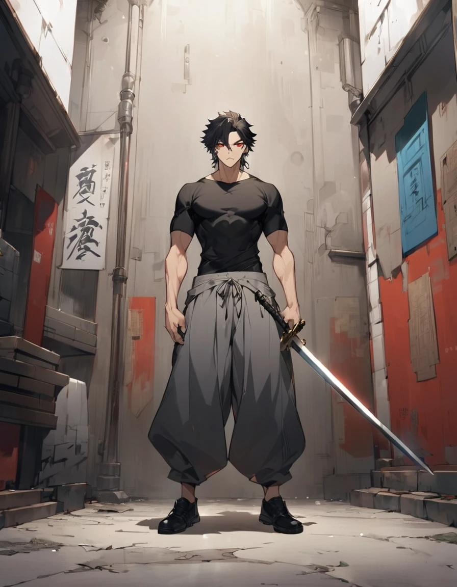 A anime man, black short hair, mullet haircut split in the middle, red eye, wearing a gray baggy pants, black Tight T-shirt , wearing a black shoe, with a black jacket. standing, full body, adult, slightly muscular body, blank scenery, holding a great sword