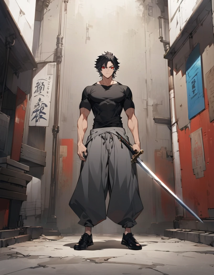 A anime man, black short hair, mullet haircut split in the middle, red eye, wearing a gray baggy pants, black Tight T-shirt , wearing a black shoe, with a black jacket. standing, full body, adult, slightly muscular body, blank scenery, holding a great sword