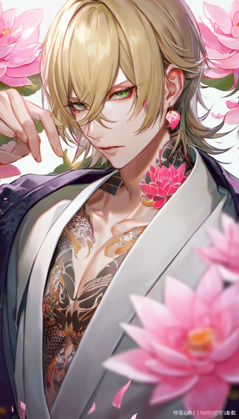 (absurdres, highres, ultra detailed, HDR), master piece, best quality, perfect face, delicate features, vibrant green eyes, solo, man, handsome, Taishakuten, ash-blond hair, hair between the eyes, white tunic, showing the chest, lotus earrings, onmyoji, pink moon, pink flames, pink petals, pink butterflies, tattoo, yakuza tattoo, Pirsingh