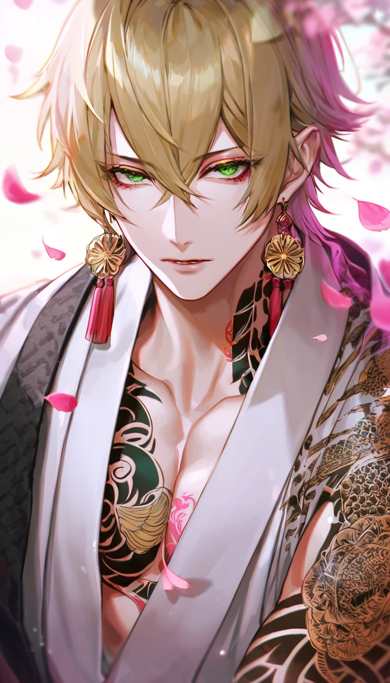 (absurdres, highres, ultra detailed, HDR), master piece, best quality, perfect face, delicate features, vibrant green eyes, solo, man, handsome, Taishakuten, ash-blond hair, hair between the eyes, white tunic, showing the chest, lotus earrings, onmyoji, pink moon, pink flames, pink petals, pink butterflies, tattoo, yakuza tattoo, Pirsingh