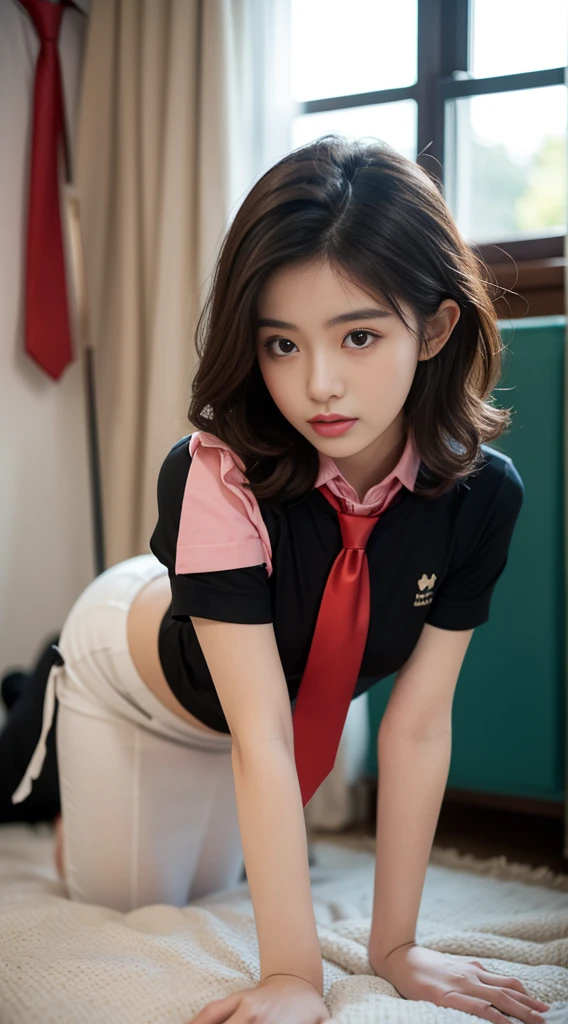 (8K,best quality,masterpiece:1.2),(In reality,realistic:1.4),(RAW photos),perfect details,18-year-old South Korean female model,Korean beautiful girl,Goose egg face shape,wavy curly hair,pure desire,((upper body:5 Point Shirt,black shirt,(Little Red Tie),short sleeve,Crop topping)),(private part:Skirt that hugs the buttocks,black),Wear pantyhose and sneakers,chest이 크다,chest,Butt Lift,hotel,rooms,window,stand on all fours