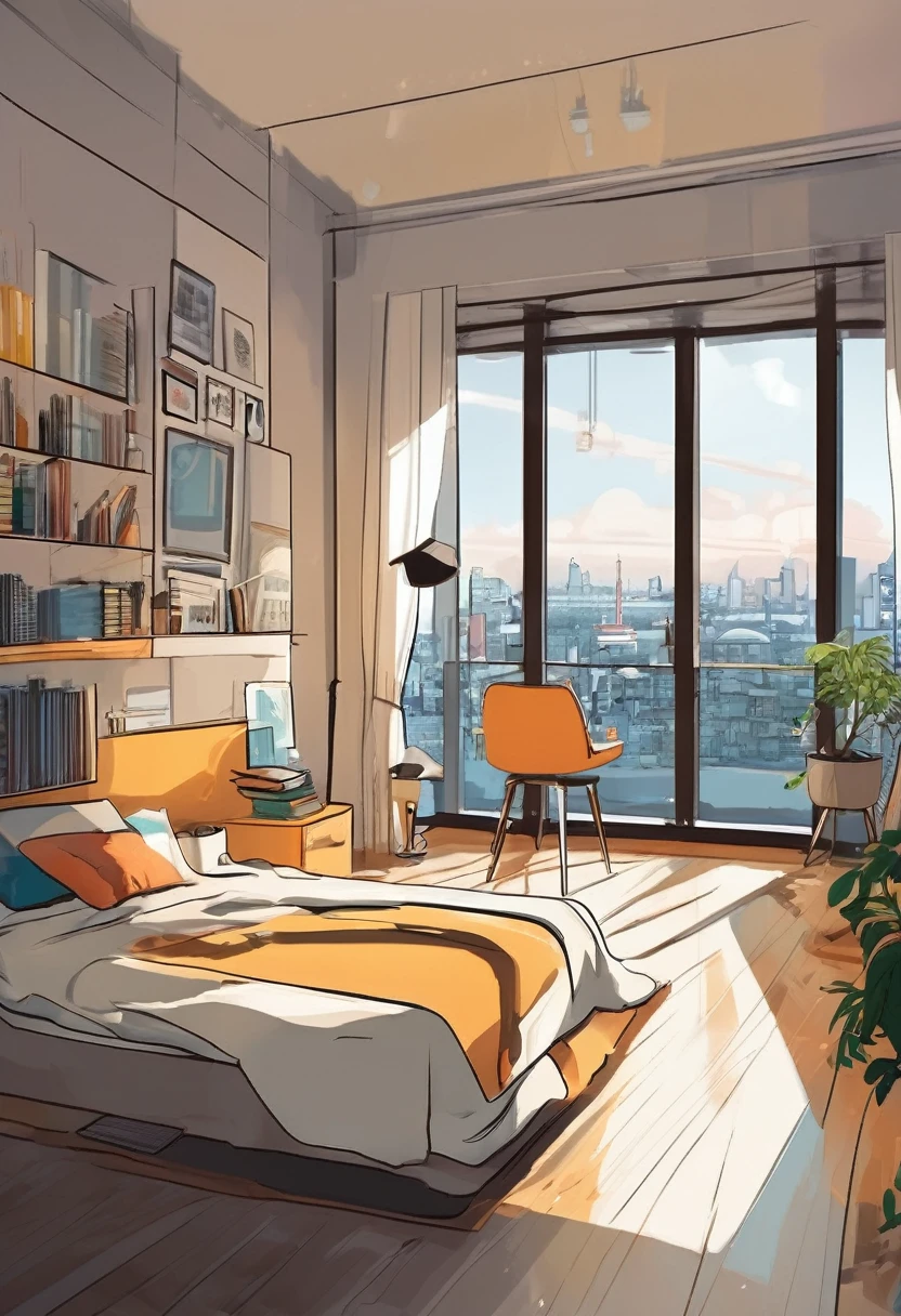 Illustration of a room overlooking the city, A room for active artists, Details of the fine, comfortable, Clean and tidy room