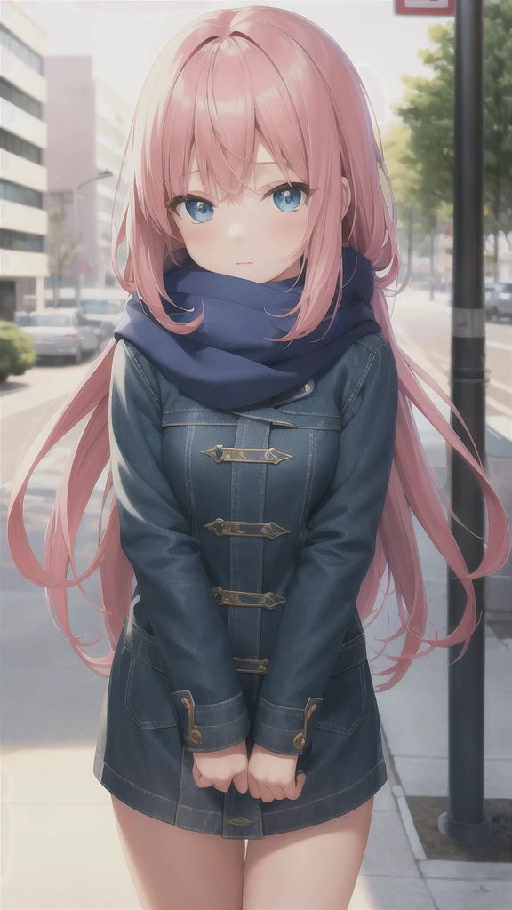 Create an anime girl image, White background, realistic and detailed graphics. young girl, 21 years old, With a cute face, large bright blue eyes and light smooth skin. She has pink hair, collected in a neat hairstyle, with small stray strands. small nose, lightly with potatoes. The girl is dressed in a blue coat and a blue scarf with red streaks. On the street, surrounded by urban environment, against the background of buildings or a park. The girl's mood is light and friendly, she smiles, creating an atmosphere of warmth and friendliness. Pay attention to the details of clothing and accessories, emphasizing her style and individuality.