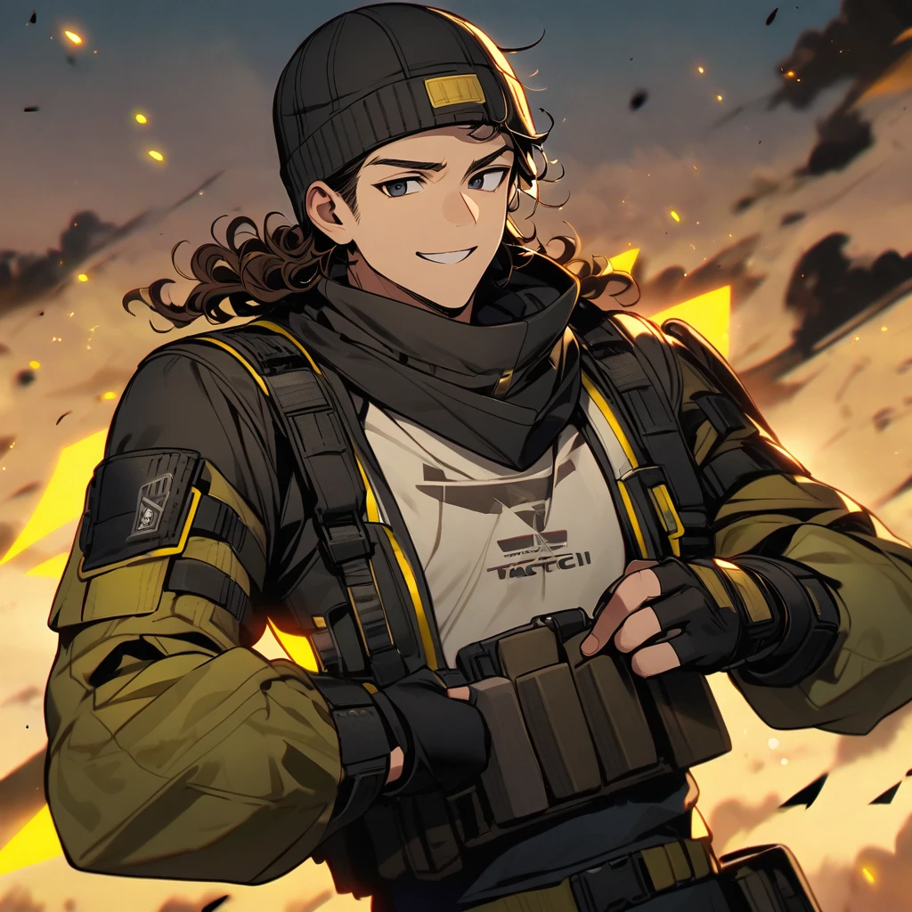 (well done:1) man, short dark brown curly hair, black beanie, black eyes, black clothes with yellow details, white sweatshirt jacket over top, tactical boots, fingerless gloves, yellow tips in the hair.